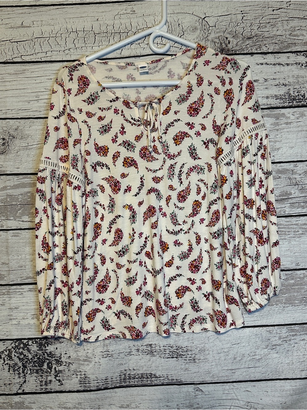 Old Navy Floral Boho Peasant Top Small Balloon Sleeve Tie Neck Blouse